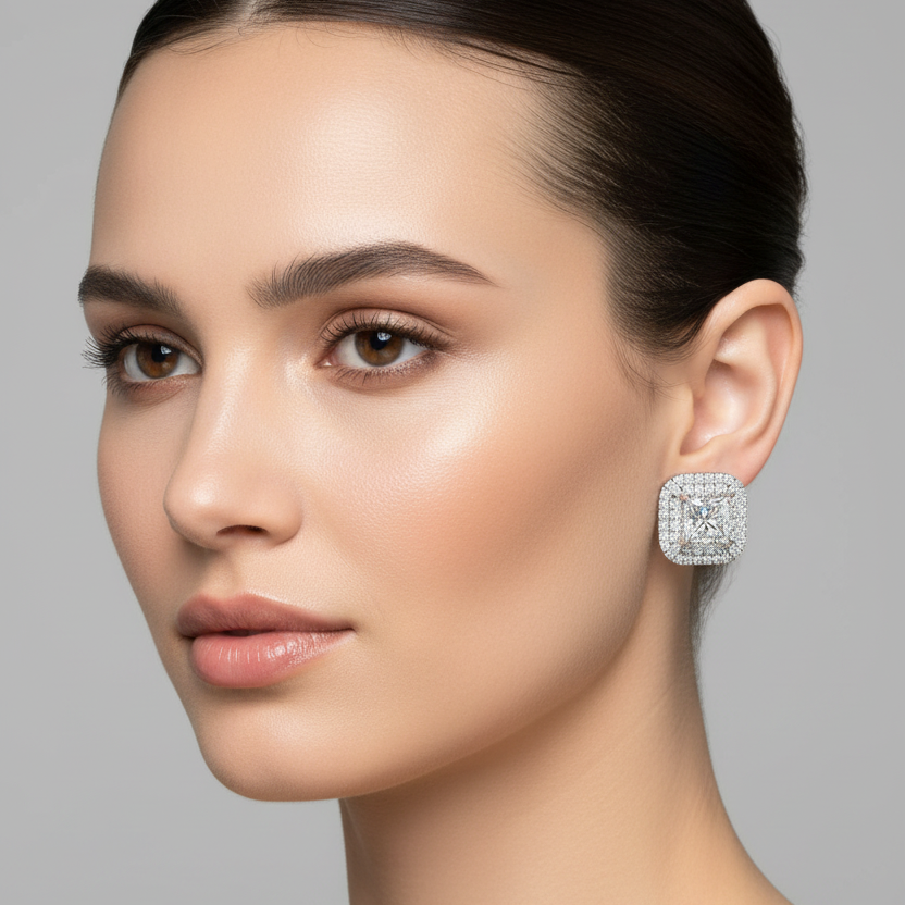 Female model wearing small white gold princess-cut diamond double halo stud earrings with a large square princess-cut center diamond in four ball-tipped corner prongs surrounded by an inner tight micro-pavé square halo and an outer larger round brilliant cushion-square halo with softly rounded corners sitting flush against the earlobe
