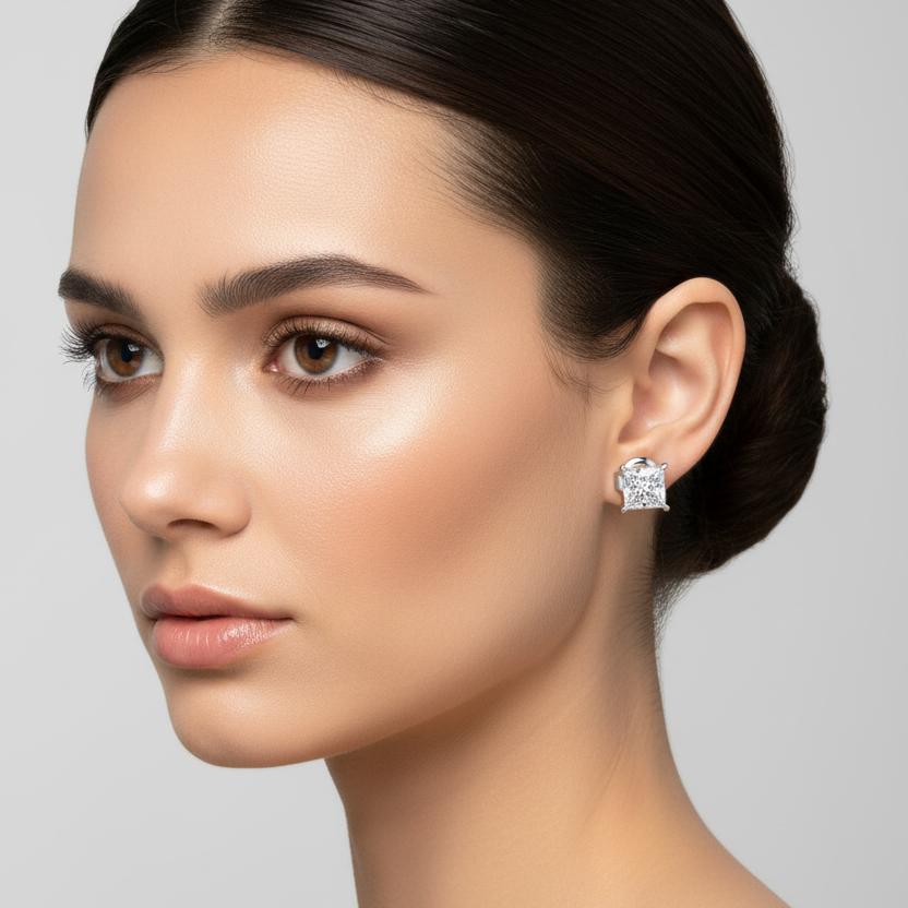 Female model wearing small white gold princess-cut diamond solitaire stud earrings with four ball-tipped claw prongs