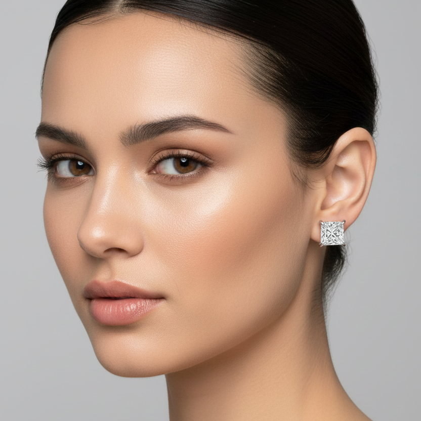 Female model wearing small white gold princess-cut diamond solitaire stud earrings with four distinctive rounded double ball-tipped corner claw prongs holding each large square princess-cut diamond flush against the earlobe with dramatic X-pattern facets