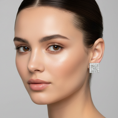 Female model wearing small white gold princess-cut diamond square halo stud earrings with a large square princess-cut center diamond in four ball-tipped corner prong settings surrounded by a complete square border of round brilliant pavé halo diamonds along all four sides sitting flush against the earlobe