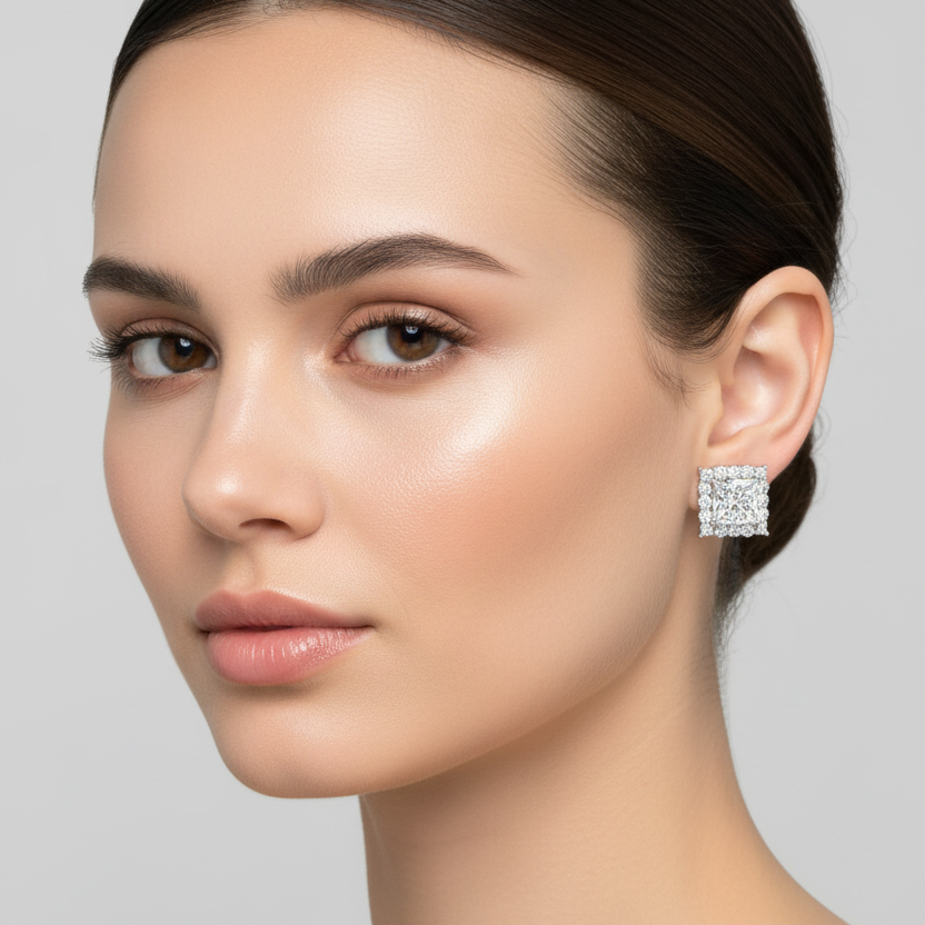 Female model wearing small white gold princess-cut diamond square halo stud earrings with a large square princess-cut center diamond in four ball-tipped corner prongs surrounded by a bold single square halo of larger individual round brilliant diamonds with visible open prongs along all four sides and corners sitting flush against the earlobe