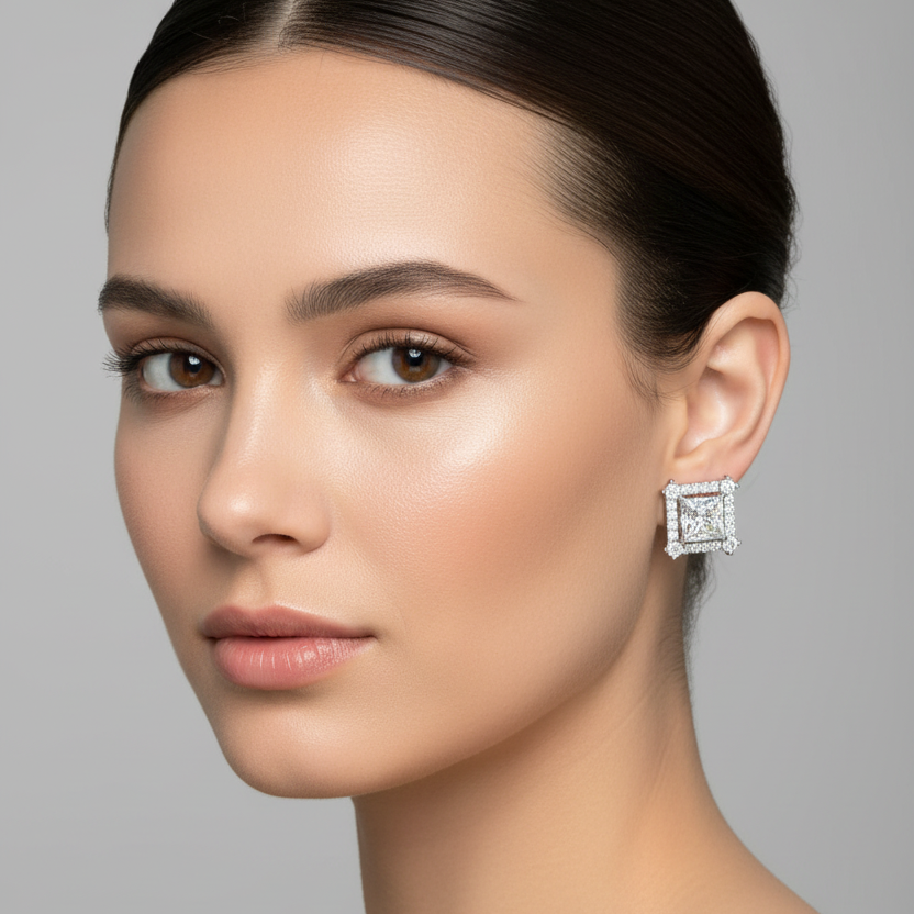 Female model wearing small white gold princess-cut diamond stud earrings with inner square micro-pavé halo and outer square halo featuring four large prominent round brilliant corner diamonds with smaller pavé diamonds filling the sides between them