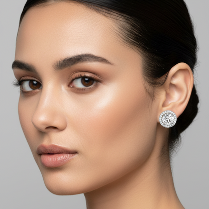 Female model wearing small white gold round brilliant diamond halo stud earrings with four ball-tipped prong center setting, smooth polished white gold circular rim border and continuous outer micro-pavé diamond halo