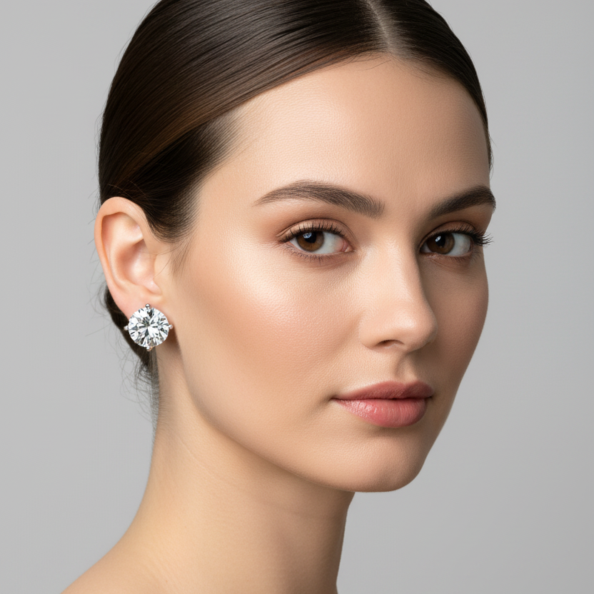 Female model wearing small white gold round brilliant diamond solitaire martini stud earrings with three slim ball-tipped claw prongs in classic open triangular martini setting — one prong at top center and two at bottom left and right — giving the diamonds a floating airy appearance against the earlobe