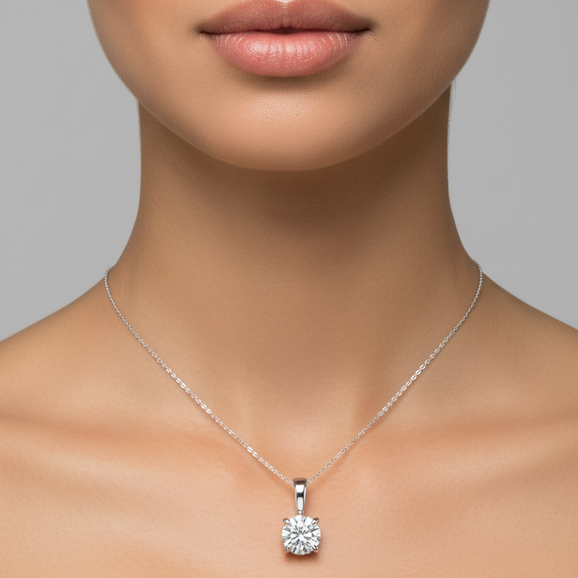 Female model wearing small white gold round brilliant diamond solitaire pendant with classic four-prong double-claw open basket setting and wide rectangular bail on fine white gold chain