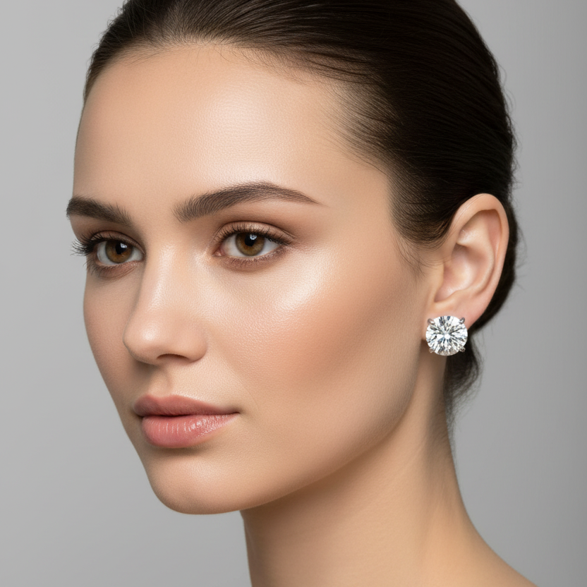 Female model wearing small white gold round brilliant diamond solitaire stud earrings in a classic four-prong open basket setting with four slim double ball-tipped claw prongs at north south east west positions holding each large sparkling round brilliant diamond elevated against the earlobe