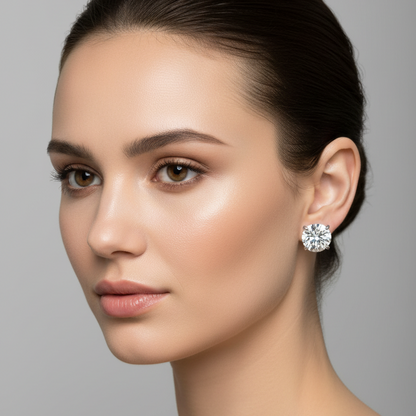 Female model wearing small white gold round brilliant diamond solitaire stud earrings in a classic four-prong open basket setting with four slim double ball-tipped claw prongs at north south east west positions holding each large sparkling round brilliant diamond elevated against the earlobe