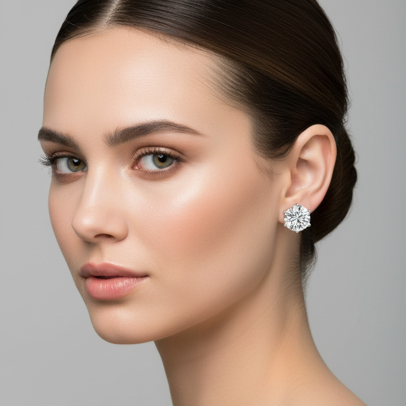 Female model wearing small white gold round brilliant diamond solitaire stud earrings in a classic six-prong Tiffany-style open basket setting with six slim ball-tipped claw prongs fanning out symmetrically like a snowflake at evenly spaced positions around each large sparkling round brilliant diamond against the earlobe