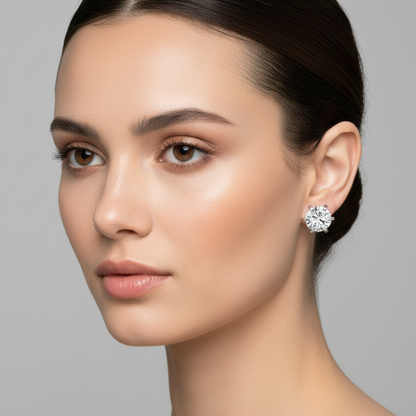 Female model wearing small white gold round brilliant diamond solitaire stud earrings with dramatic eight-prong flat-tab crown settings fanning outward like a starburst around each sparkling diamond