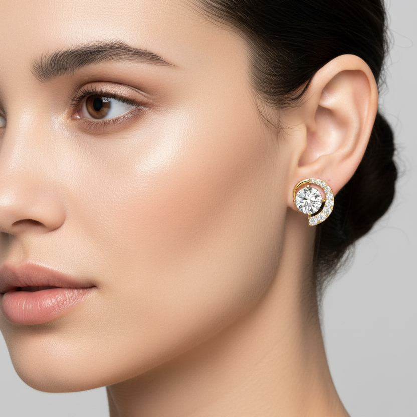 Female model wearing small yellow gold crescent halo diamond stud earrings
