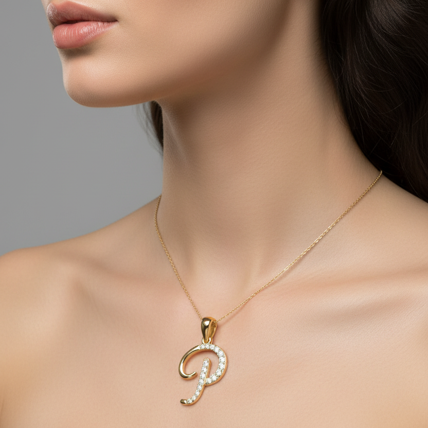 Female model wearing small yellow gold cursive letter P diamond pendant necklace
