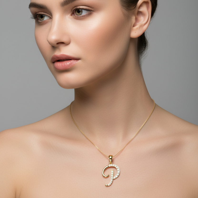Female model wearing small yellow gold cursive letter P diamond pendant necklace