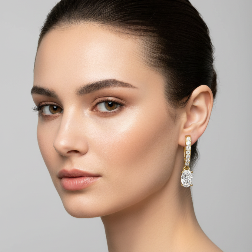 Female model wearing small yellow gold diamond pavé bar drop earrings with a straight rectangular yellow gold bar set with a single row of round brilliant pavé diamonds running top to bottom through the ear piercing and a small oval-cut diamond pendant in four ball-tipped prong setting hanging from a jump ring below the earlobe
