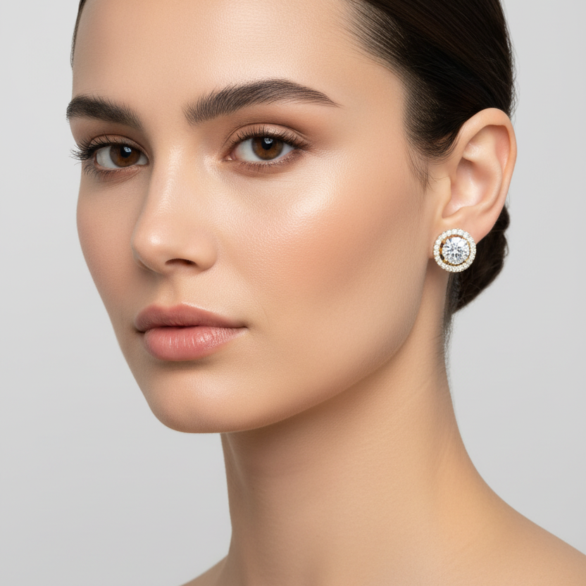 Female model wearing small yellow gold floating halo round diamond stud earrings