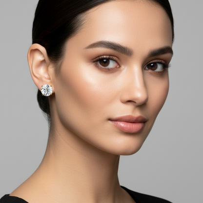 Female model wearing small yellow gold four-prong round brilliant diamond solitaire stud earrings