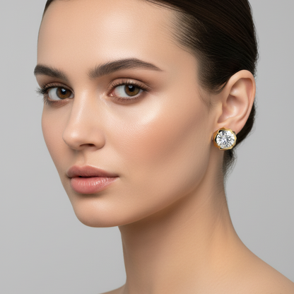 Female model wearing small yellow gold geometric octagon bezel diamond solitaire stud earrings