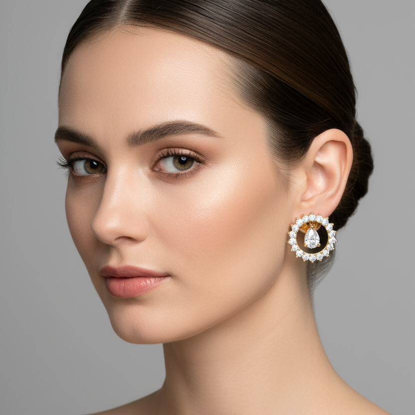 Female model wearing small yellow gold open circle diamond halo earrings with large individual round brilliant diamonds set all the way around the full circle in two-prong ball-tipped settings creating a bold sparkling sunburst wreath ring with a small smooth yellow gold dome stud at top and a pear-cut diamond suspended freely from the bottom inner edge dangling point-down within the open circle