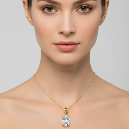 Female model wearing small yellow gold oval-cut diamond solitaire pendant necklace
