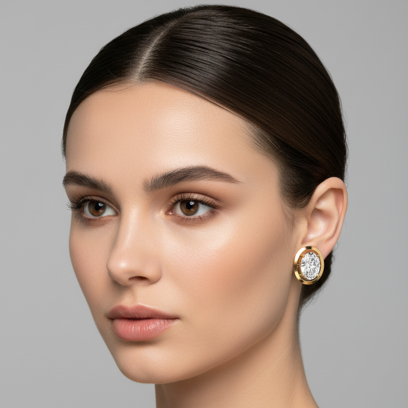 Female model wearing small yellow gold oval diamond solitaire stud earrings with a large vertically-oriented oval-cut diamond in four double ball-tipped prongs suspended within a slim floating open oval yellow gold frame hoop with open space on the sides and a decorative circular geometric lattice cutout back disc visible behind each earring against the earlobe