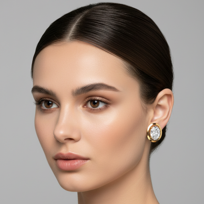Female model wearing small yellow gold oval diamond solitaire stud earrings with a large vertically-oriented oval-cut diamond in four double ball-tipped prongs suspended within a slim floating open oval yellow gold frame hoop with open space on the sides and a decorative circular geometric lattice cutout back disc visible behind each earring against the earlobe
