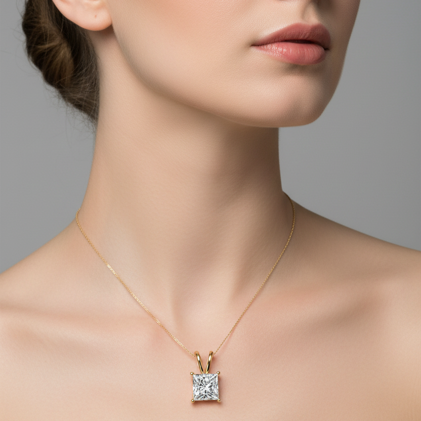 Female model wearing small yellow gold princess-cut diamond solitaire pendant with double-tube split bail