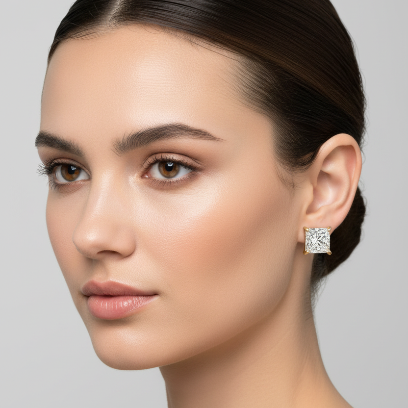 Female model wearing small yellow gold princess-cut diamond solitaire stud earrings in a classic four-prong basket setting with four prominent rounded double ball-tipped yellow gold corner claw prongs gripping each large square princess-cut diamond with bold X-pattern facets flush against the earlobe