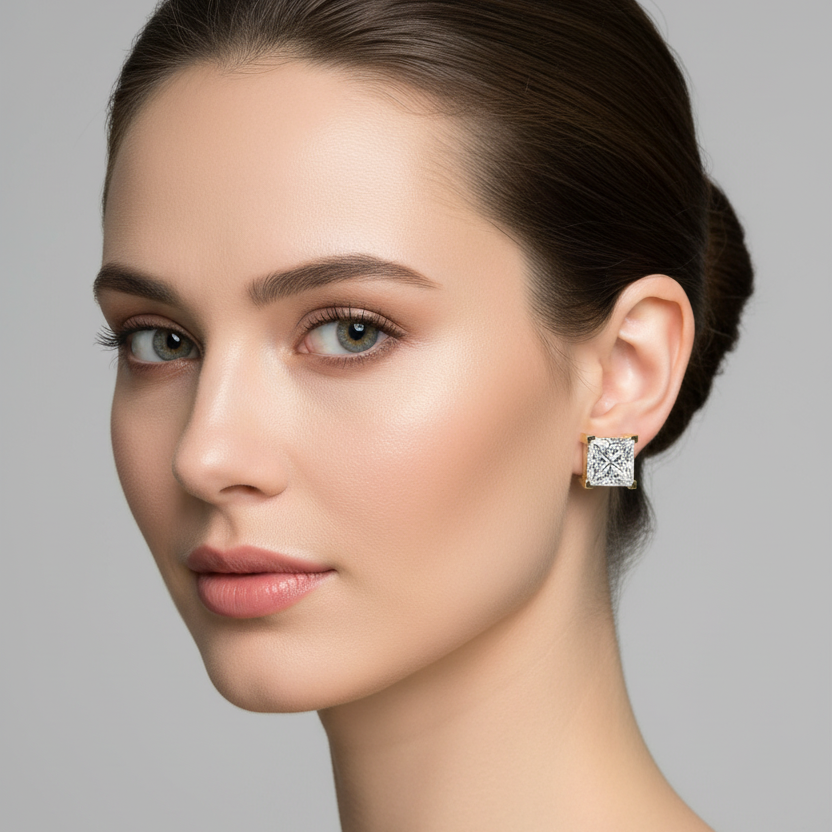 Female model wearing small yellow gold princess-cut diamond solitaire stud earrings with four distinctive flat wide rectangular bar-style tab prongs wrapping squarely and flush over each corner of the large square princess-cut diamond with bold X-pattern facets in a geometric architectural setting against the earlobe