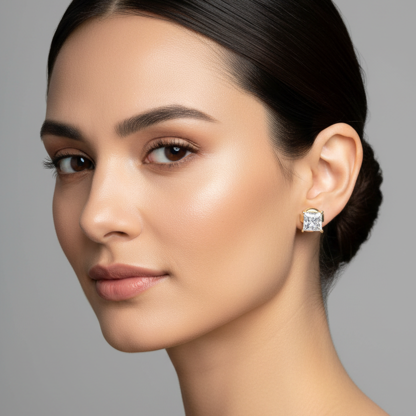 Female model wearing small yellow gold princess-cut diamond solitaire stud earrings with four double-claw split prong setting