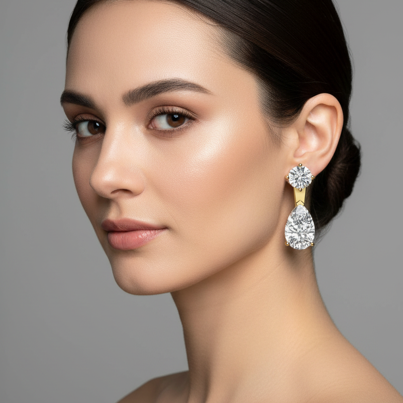 Female model wearing small yellow gold round and pear diamond two-stone drop earrings