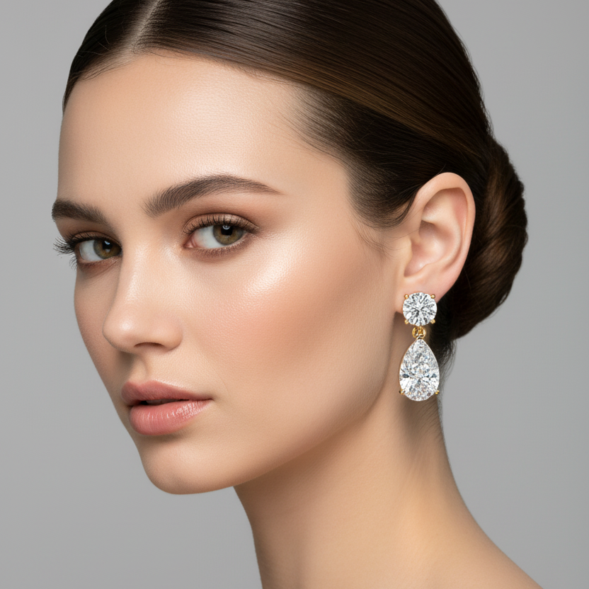 Female model wearing small yellow gold round and pear diamond two-stone drop earrings