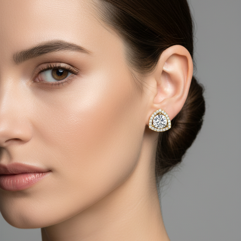 Female model wearing small yellow gold round brilliant diamond trillion halo stud earrings with three ball-tipped prong center setting within a smooth polished yellow gold rounded triangular inner frame and continuous outer micro-pavé diamond halo along all three curved sides