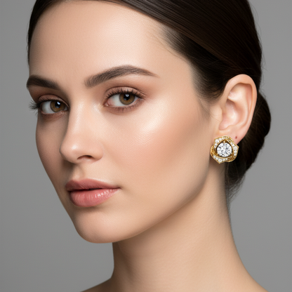 Female model wearing small yellow gold sculptural rose lotus flower pavé diamond stud earrings