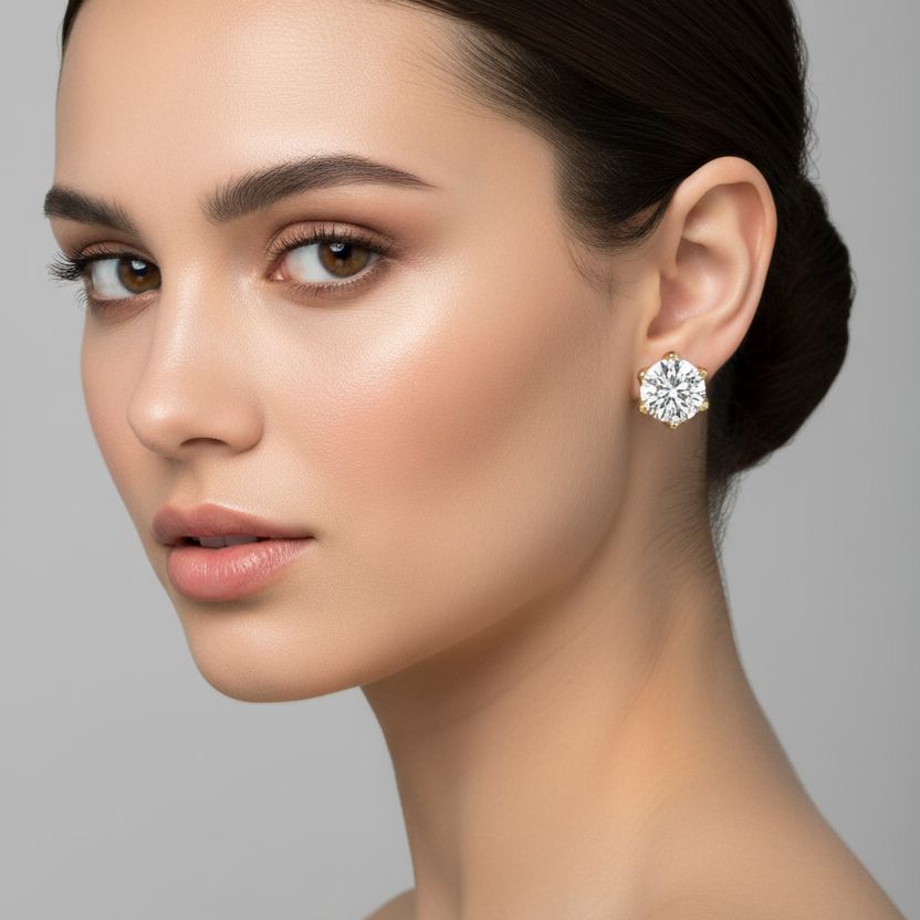 Female model wearing small yellow gold six-prong round brilliant diamond solitaire stud earrings