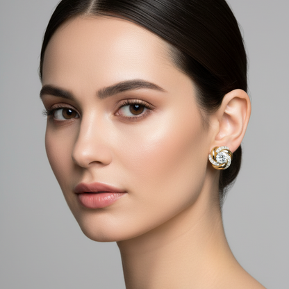Female model wearing small yellow gold swirl knot halo diamond stud earrings