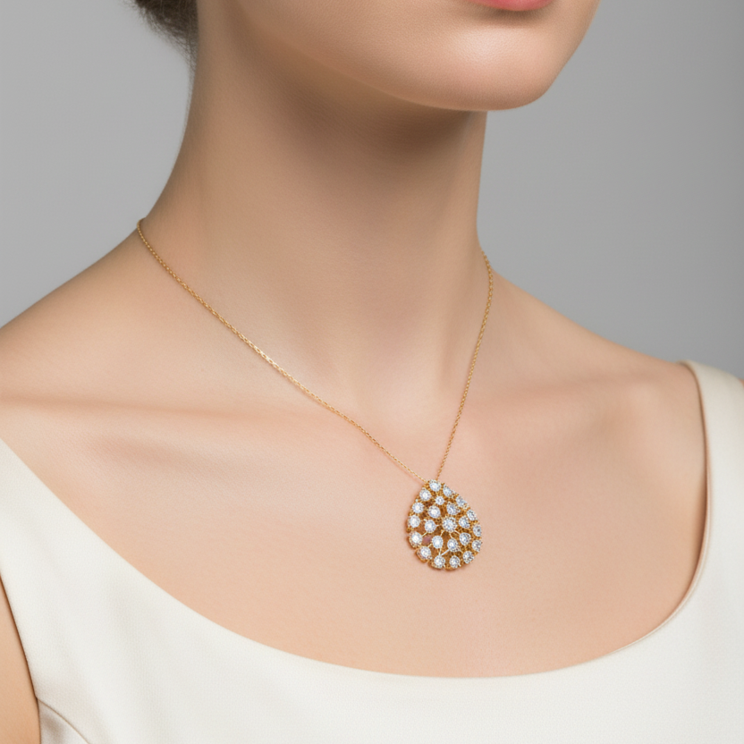 Female model wearing small yellow gold teardrop diamond open lattice cluster pendant necklace