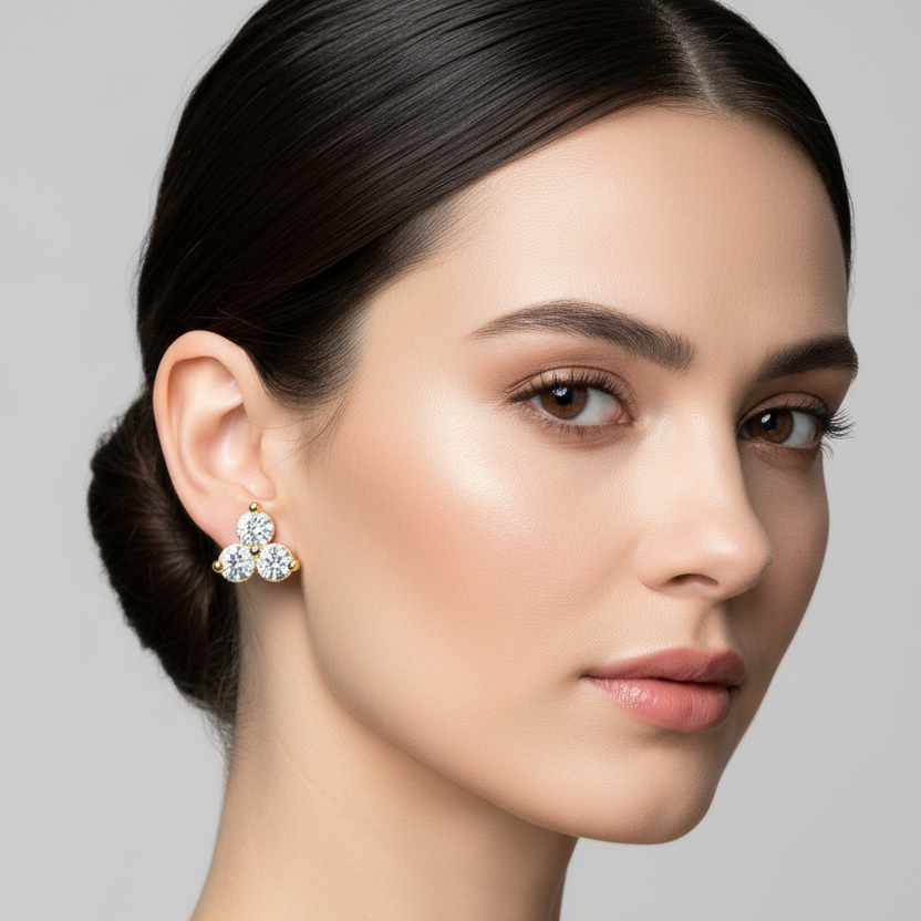 Female model wearing small yellow gold three-stone trefoil trinity cluster diamond stud earrings