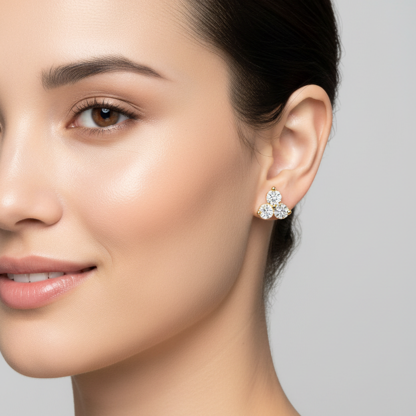 Female model wearing small yellow gold three-stone trinity cluster diamond stud earrings