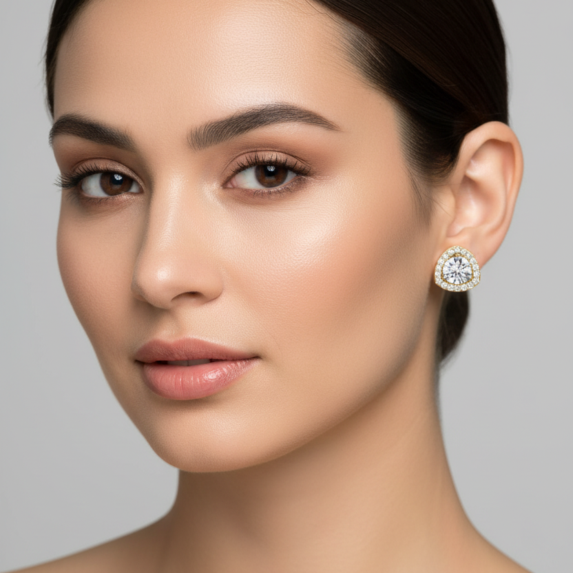 Female model wearing small yellow gold trillion halo diamond stud earrings
