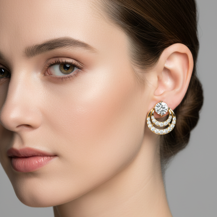 Female model wearing small yellow gold triple crescent diamond stud earrings