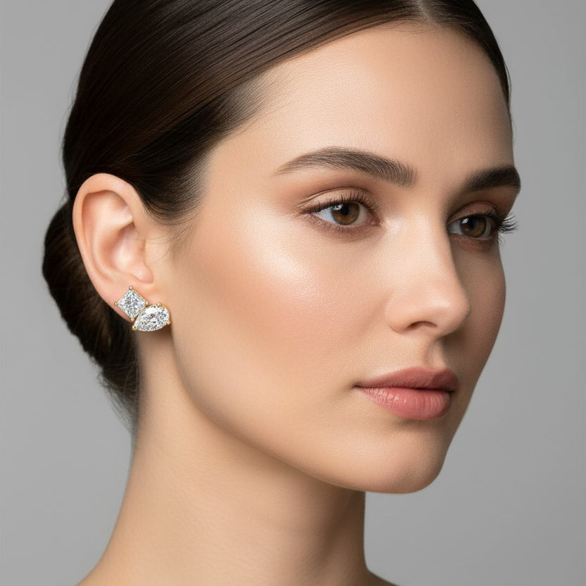 Female model wearing small yellow gold two-stone cluster stud earrings with princess-cut and pear-cut diamonds