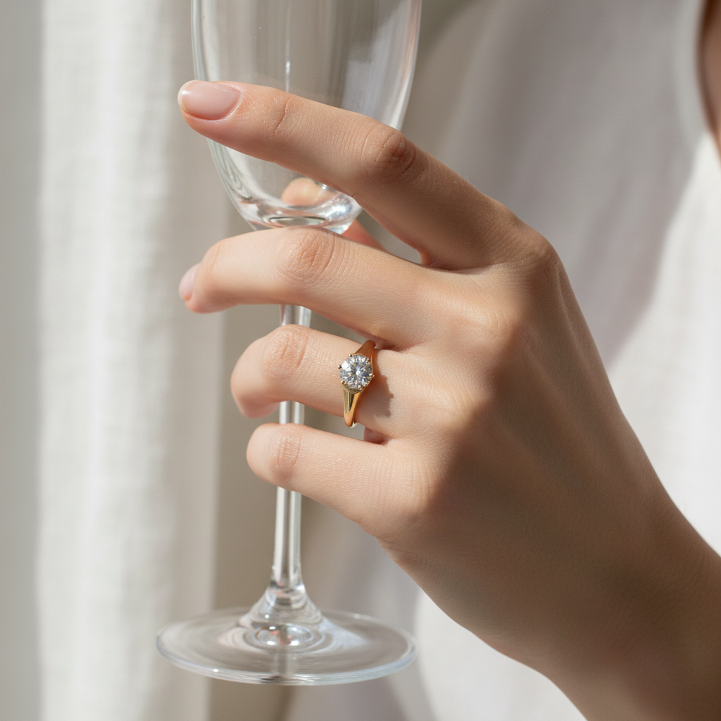 Female model wearing solitaire diamond ring