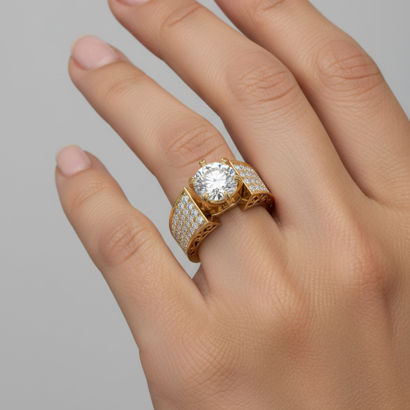 Female model wearing spectacular yellow gold round brilliant diamond solitaire ring with six double-claw prongs, wide diamond-encrusted rectangular pavé shoulder panels and ornate open arabesque filigree scrollwork band with engraved grooves