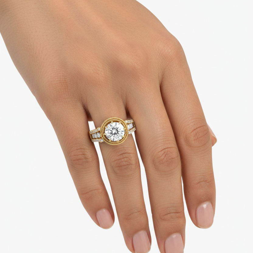 Female model wearing spectacular yellow gold round brilliant diamond solitaire ring with six pointed spike prongs, circular twisted rope halo frame, split three-rail pavé diamond shoulder band with heart scroll cutouts and rectangular window cutouts on lower shank