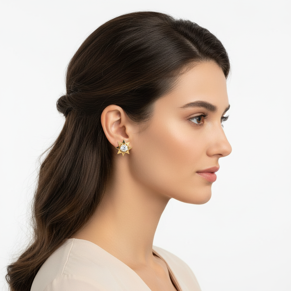 Female Model Wearing Star-Shaped Diamond Stud Earrings Small Size