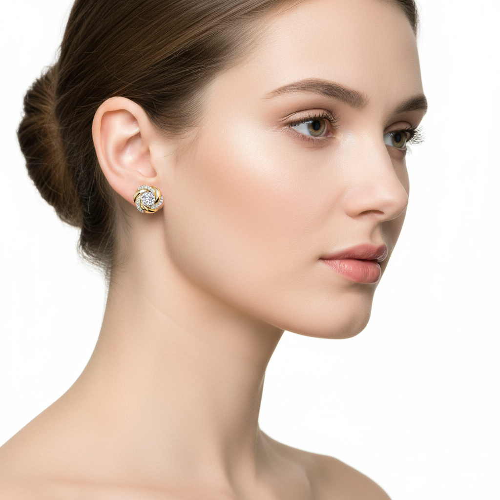 Female Model Wearing Swirl Diamond Earrings Small Size