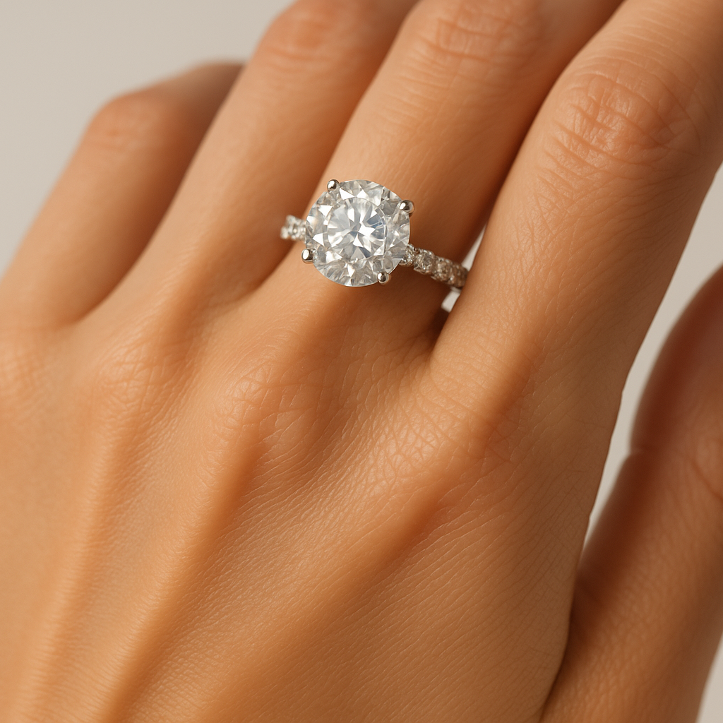 Generated image of a female model wearing the diamond engagement ring