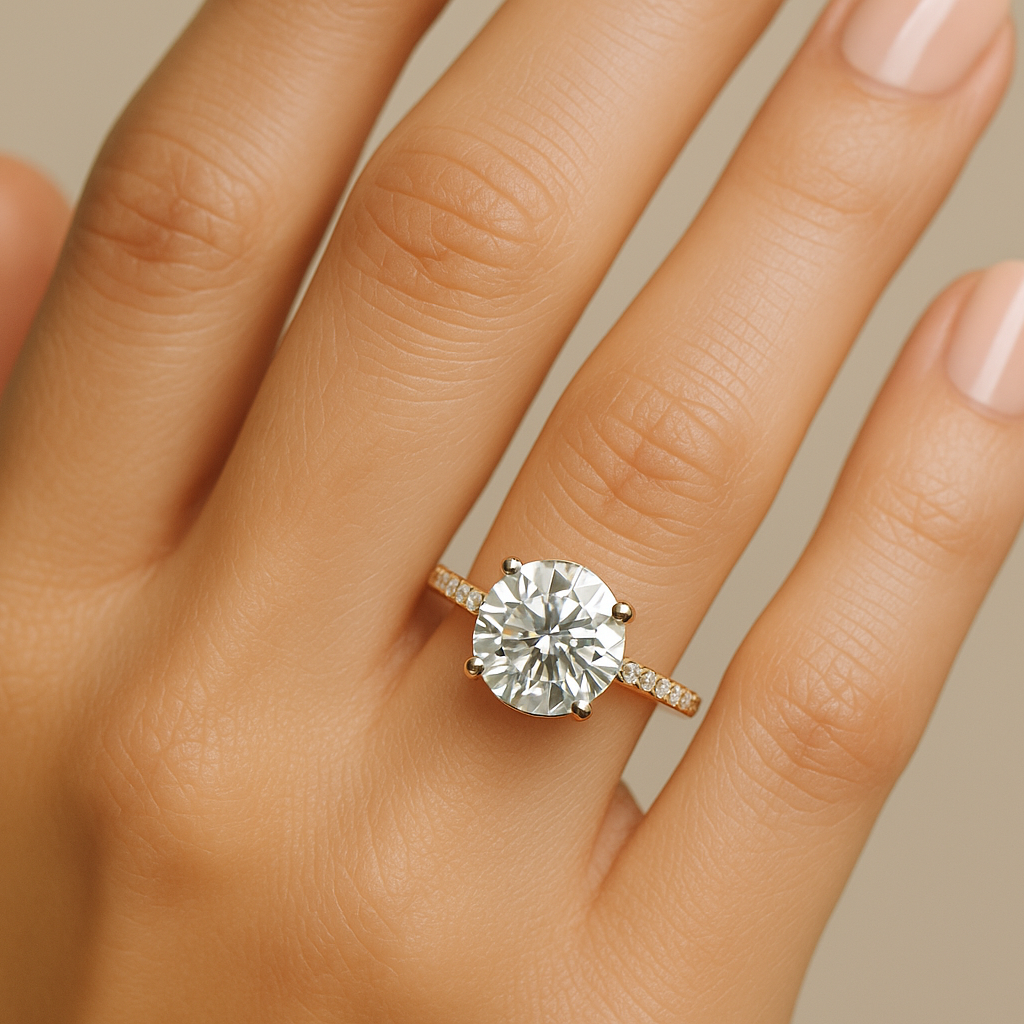 Generated image of a female model wearing the diamond engagement ring