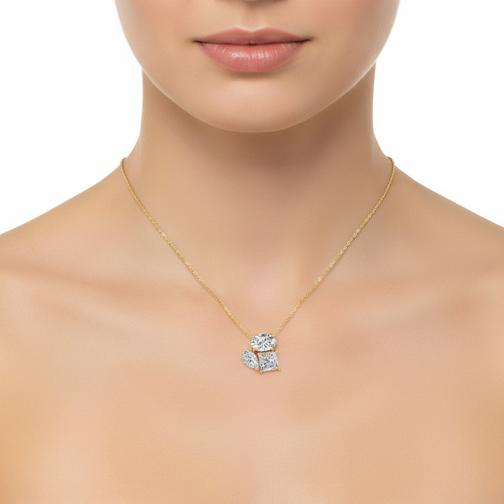 Female Model Wearing Three-Stone Diamond Pendant Small Size