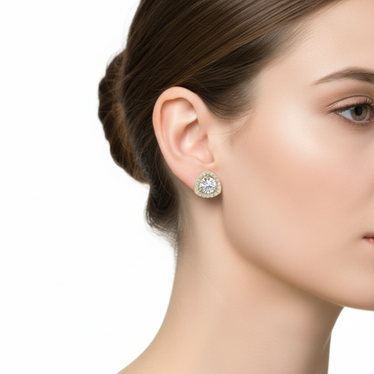 Female Model Wearing Triangular Diamond Halo Earrings Small Size
