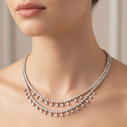 Female model wearing trillion drop multi-strand diamond necklace